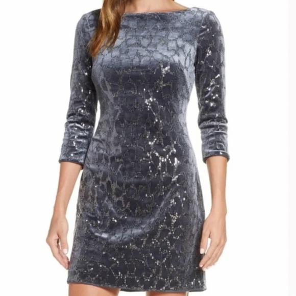 Eliza J Sequined Velvet 3/4 Sleeve Sheath Dress in Grey - Picture 1 of 7